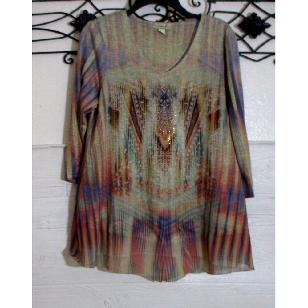 One World Knit Tunic Top Women's Size M Multicolor Long Sleeve V Neck